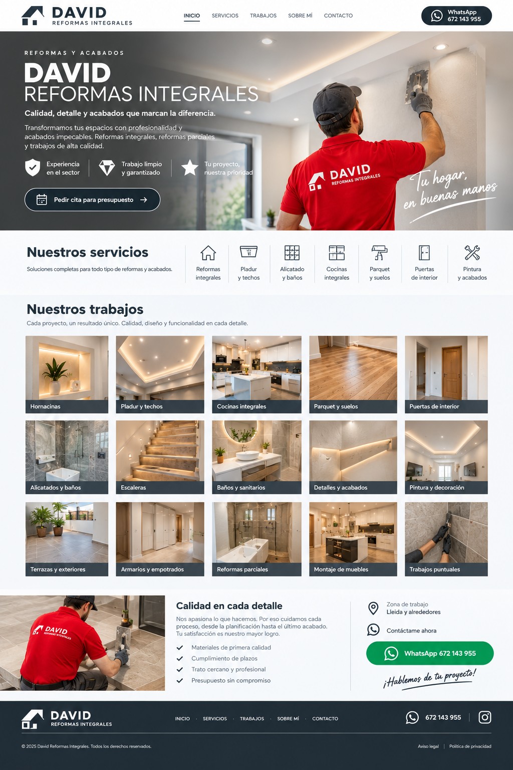 Diseño de David Reformas Integrales con servicios y ejemplos de trabajos: hornacinas, pladur y techos, cocinas integrales, parquet y suelos, puertas de interior, alicatados y baños, escaleras, baños y sanitarios, detalles y acabados, pintura y decoración, terrazas, armarios y trabajos puntuales.